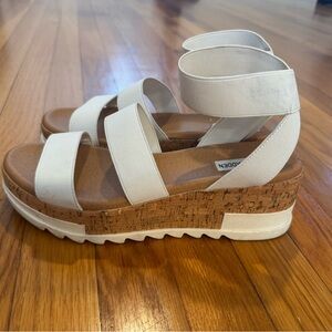 Steve Madden White and Tan Wedge Sandals